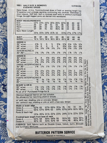 EVENING DRESS: Butterick Sewing Pattern 1970s Half Size 16 1/2 Complete Cut *5951