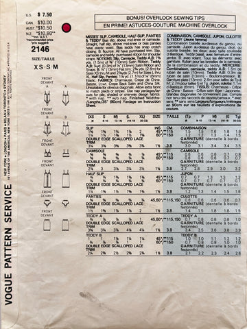 SLIP, CAMISOLE, HALF-SLIP, PANTIES & TEDDY: Vogue Sewing Pattern Lingerie XS-S-M 1988 Complete FF *2146