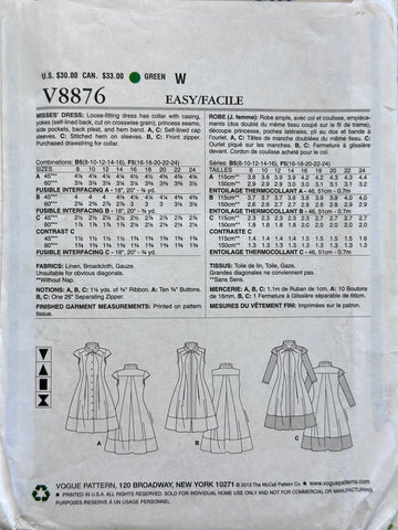LOOSE-FITTING DRESS w/ POCKETS: Vogue Sewing Pattern Marcy Tilton 2013 Sizes 8-16 Complete FF *V8876