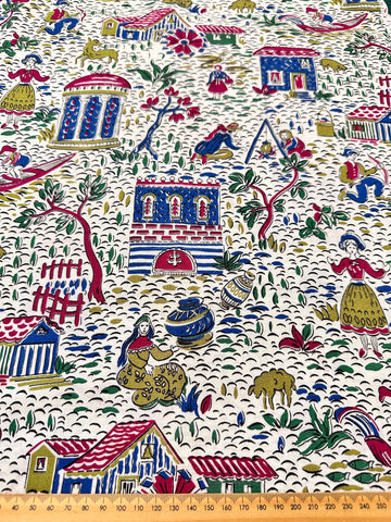 Vintage Fabric 40s 50s Folk Art Landscape Dress Cotton 88cm Wide