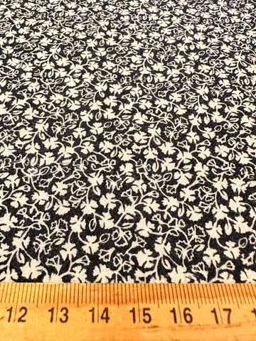 Vintage Fabric 1970s? 80s? Light Weight Cotton w/ Tiny White Leaves on Black 112cm Wide