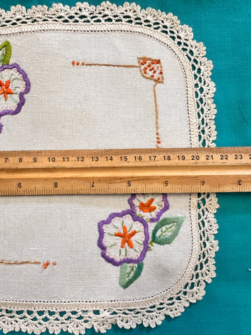 Vintage Hand Worked Embroidered Doily Two Floral Clusters Flowers w/ Design Element & Crocheted Edge 22cm x 23cm