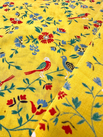 Vintage Fabric 1980s Sun Yellow Cotton w/ Small Birds Botanical 88cm Wide