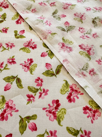 Vintage? Modern? Fabric Bright Pink & Green Floral on White Cotton 112cm Wide