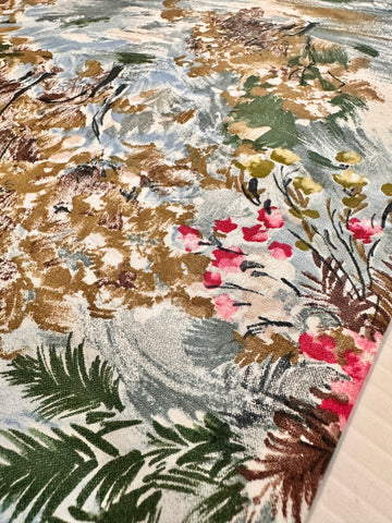 FAT QUARTER Vintage Fabric 1950s Pink Flowers on Painterly Grey Green Crispy Cotton 44cm x 50cm