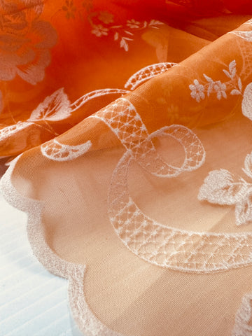 Vintage Fabric 1960s Rare Border Print Flocked Flowers Scalloped Edge Orange Nylon 106cm Wide