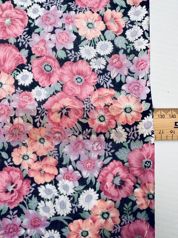 Vintage Fabric 80s 90s? Cotton Voile w/ Pink Country Floral on Black