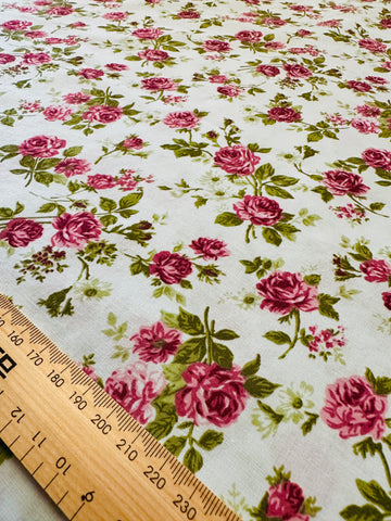 LAST PIECE Modern Fabric Quilt Cotton Pink Flowers on Pale Blue 108cm x 50cm