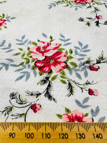 Vintage Fabric Embossed Cotton White Base w/ Pink Flowers 88cm Wide