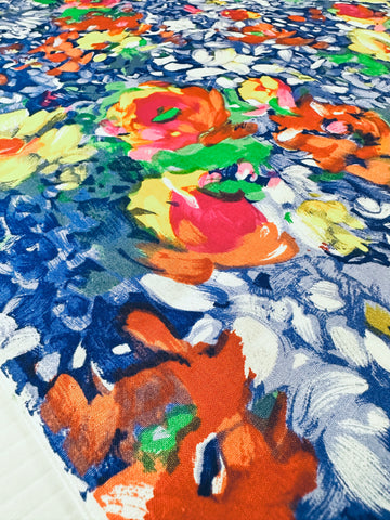 LAST PIECE Vintage Fabric 1980s? Impressionist Painterly Flowers on Blue Cotton 140cm x 50cm