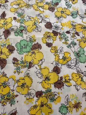 Vintage Fabric 1960s White Cotton Poplin w/ Green & Yellow Flowers 88cm Wide