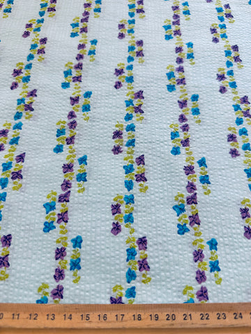 Vintage Fabric 1960s Small Retro Flowers on Pale Blue Cotton Plisse 88cm Wide