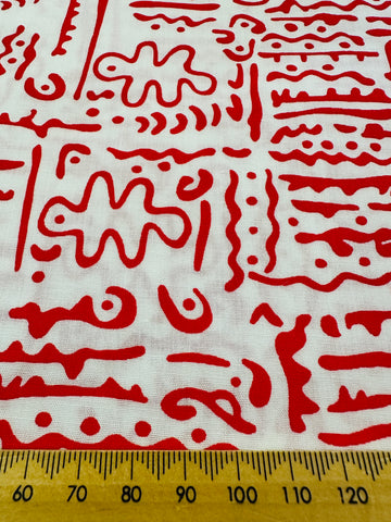 Vintage Fabric 1980s Red Squiggle on White Cotton Blend 112cm Wide