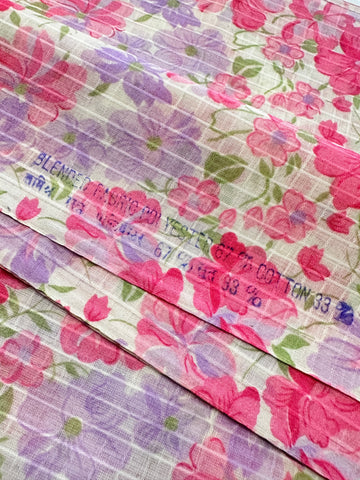 Vintage Fabric 1960s Bright Pink Lavender Floral on Textured Blend 88cm Wide