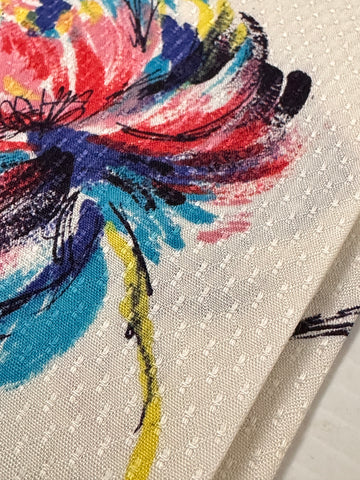 Vintage Fabric 1950s Magical Painterly Flowers on White Textured Cotton Rayon 88cm Wide