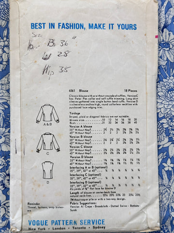 BLOUSE: Vogue Sewing Pattern 1960s Size 16 Complete *6561