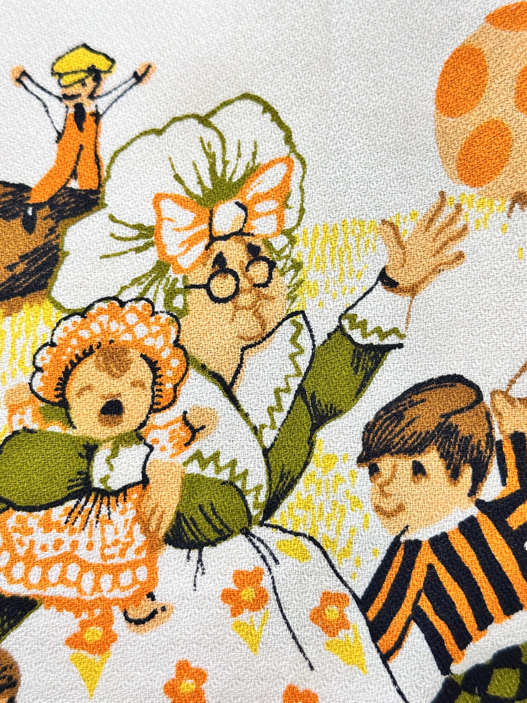 Vintage Fabric 1970s Novelty Textured Cotton Crepe w/ Nursery Rhyme Images 116cm Wide