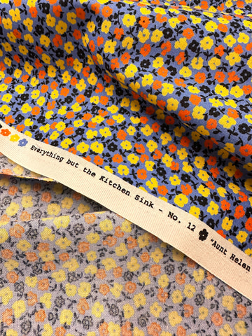 Modern Fabric Everything But The Kitchen Sink 2016 Aunt Helen’s Dress small Yellow Black Orange Flowers on Blue RJR Studio Quilt Cotton 112cm Wide