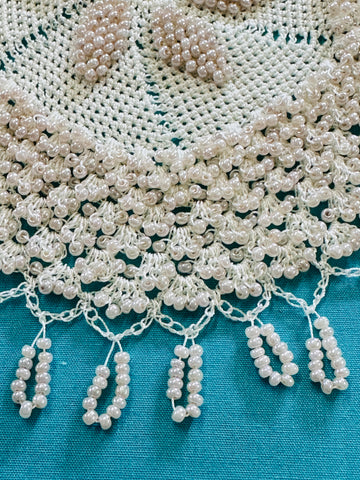 Vintage Crochet Milk Jug Cover w/ Glass? Beads Doily 16cm Diameter