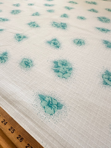 Vintage Fabric 70s Cotton Fancy Window Pane Weave Aqua Flowers 108cm Wide