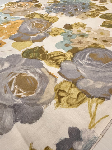 LAST PIECE Vintage Fabric 1960s Painterly Grey Roses Leaves Cotton 88cm x 50cm