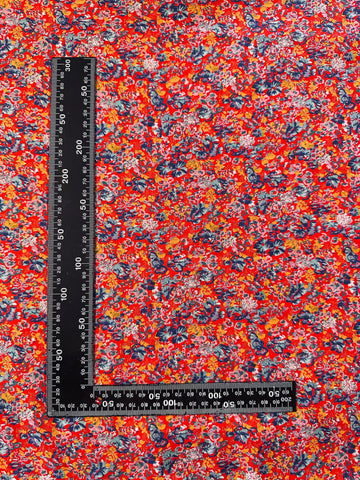 Vintage Fabric 1970s 80s Boho Blue Orange Flowers on Red Cotton 88cm Wide