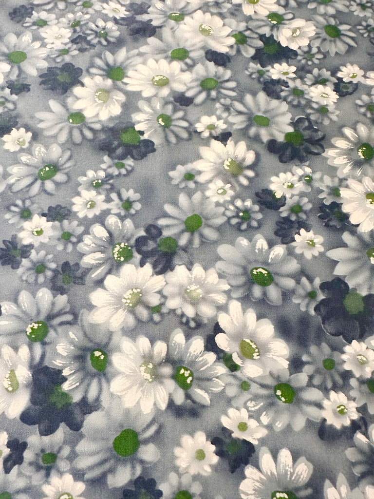LAST PIECE Vintage Fabric 1960s Dramatic Greys White Flowers w/ Green Centres Cotton 88cm x 50cm