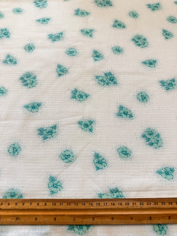 Vintage Fabric 70s Cotton Fancy Window Pane Weave Aqua Flowers 108cm Wide