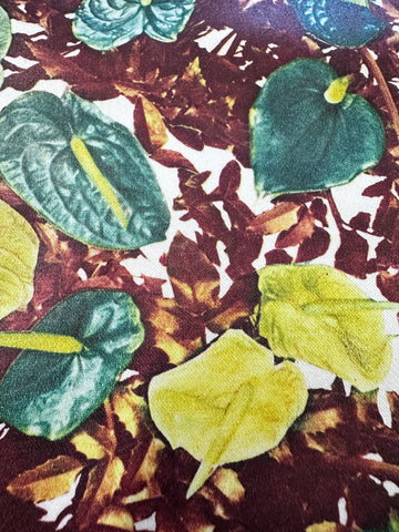 Vintage Fabric 1960s Wow! Anthurium Flowers & Brown Leaves Polished Cotton 88cm Wide