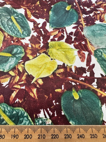 Vintage Fabric 1960s Wow! Anthurium Flowers & Brown Leaves Polished Cotton 88cm Wide