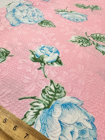 REMNANT Vintage Fabric Embossed Cotton 60s Pale Blue Base & Blue Flowers 44cm x 44cm