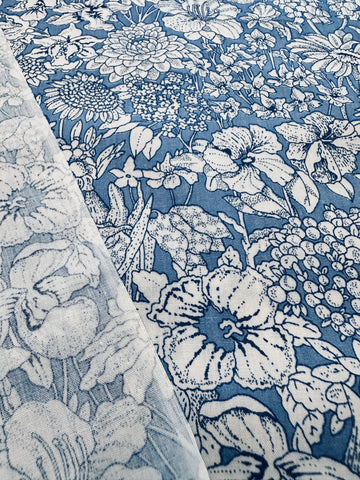 LAST 1/2m: Modern Fabric White Floral on Dusky Blue Cotton Poplin 112cm x 50cm