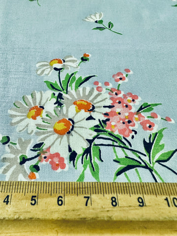 Vintage Fabric 40s 50s Rare Chintz Dress Cotton w/ Pretty Bouquets on Sky Blue 88cm Wide