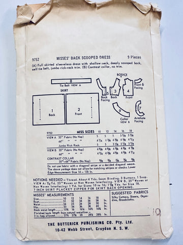 MISSES’ BACK SCOOPED DRESS: Butterick Sewing Pattern 1961 Size 16 Complete *9752