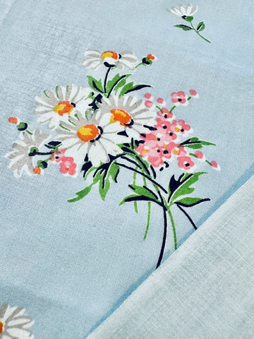 Vintage Fabric 40s 50s Rare Chintz Dress Cotton w/ Pretty Bouquets on Sky Blue 88cm Wide