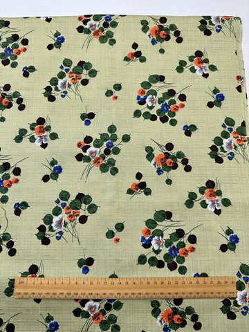 Vintage Fabric 1960s Floral Sprays on Olive Green Textured Cotton 88cm Wide