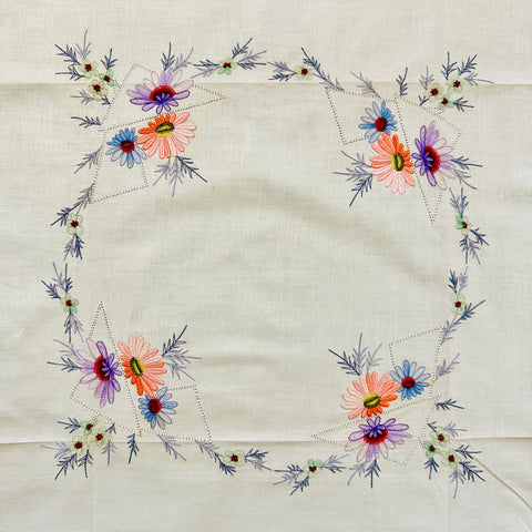 Vintage Tablecloth Centrepiece Embroidered Bright Flowers on Pale Lemon 70s? 46cm x 44cm