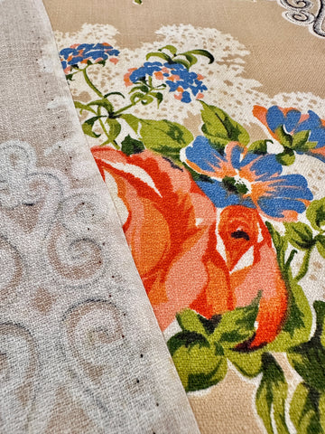 FAT QUARTER Vintage Fabric 1950s Flowers on Tan Cotton Cretonne 43cm x 50cm