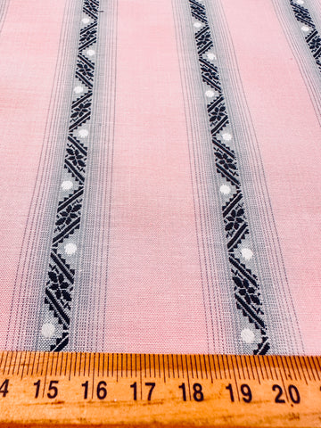 Vintage Fabric 1960s 70s Light Weight Pale Pink Cotton w/ Embroidered Stripe Spot 88cm Wide
