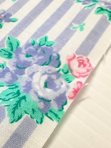 LAST PIECE Vintage Fabric 1980s? Classic Flowers & Stripe Cotton 82cm x 50cm