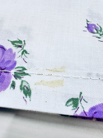 PILLOW CASE Vintage Fabric Purple Green Roses on White Crispy Cotton 65cm x 42cm
