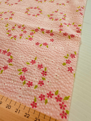 Vintage Fabric 1960s Pink Flowers on Pink Cotton Plisse 88cm Wide