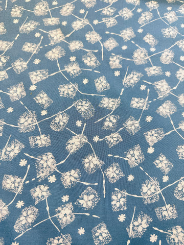 Vintage Fabric 1950s Dress Cotton Patchy White Flowers on Blue 88cm Wide