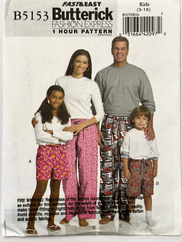 KIDS SHORTS & PANTS: Fast & Easy Butterick 1 Hour Sewing Pattern 2007 Sizes 3-16 Complete Uncut FF *B5153