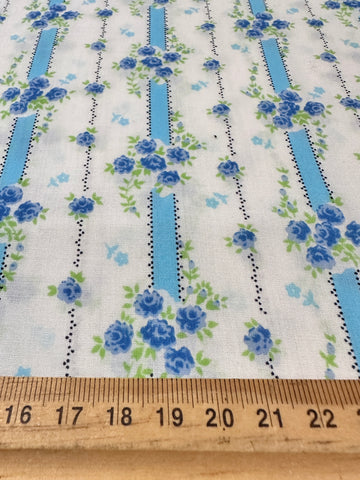 Vintage Fabric 1970s Small Blue Flowers w Green Leaves & Sky Blue Stripe 88cm Wide