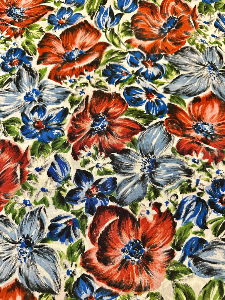 Vintage Fabric Rare MCM 1950s Bright Painterly Floral on White Dress Rayon 88cm Wide