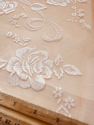 Vintage Fabric 1960s Rare Border Print Flocked Flowers Scalloped Edge Orange Nylon 106cm Wide