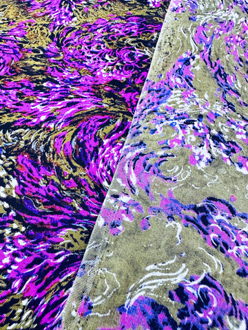 LAST PIECE Vintage Fabric 1970s Purple White Flowing Floral on Olive Brown Silk Blend 112cm x 50cm