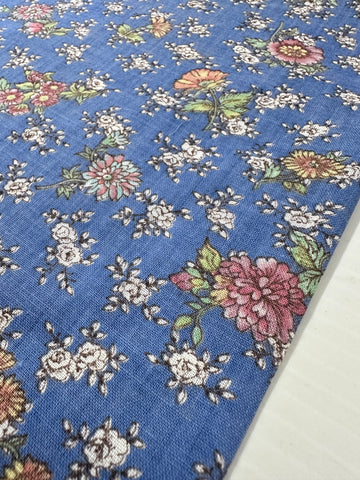 LAST PIECE Vintage Fabric 1970s Cottagecore Floral on Blue 88cm x 50cm