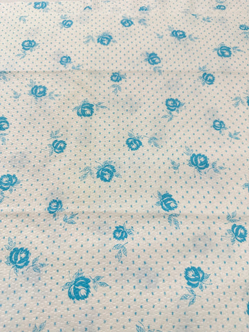 Vintage Fabric 1960s Blue Flower on White Seersucker Embossed Cotton 92cm Wide